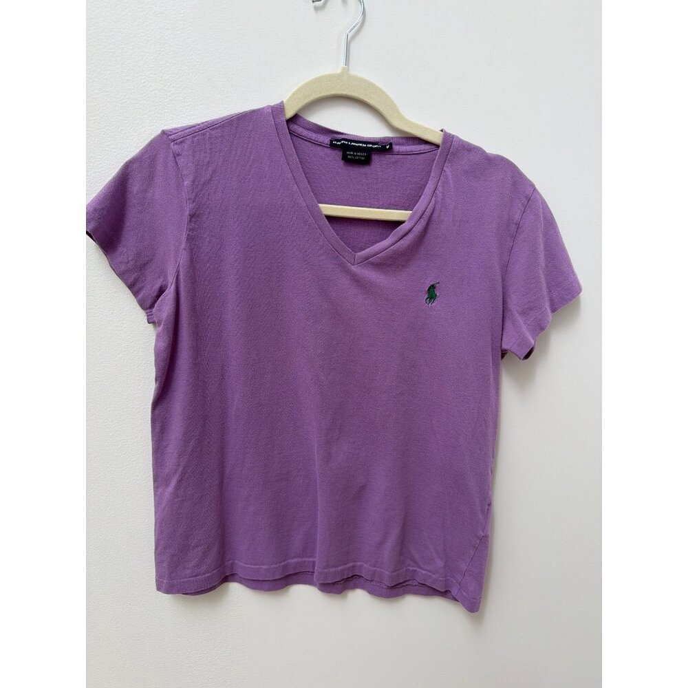 Ralph Lauren Sport Womens Purple V-Neck T-Shirt M 100% Cotton Short Sleeve Embro